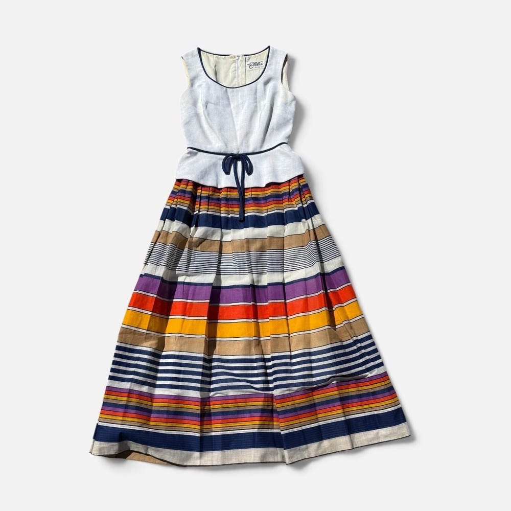 Miss Elliette S Vintage Maxi Dress 60s Retro Striped Linen Blend Peplum Waist